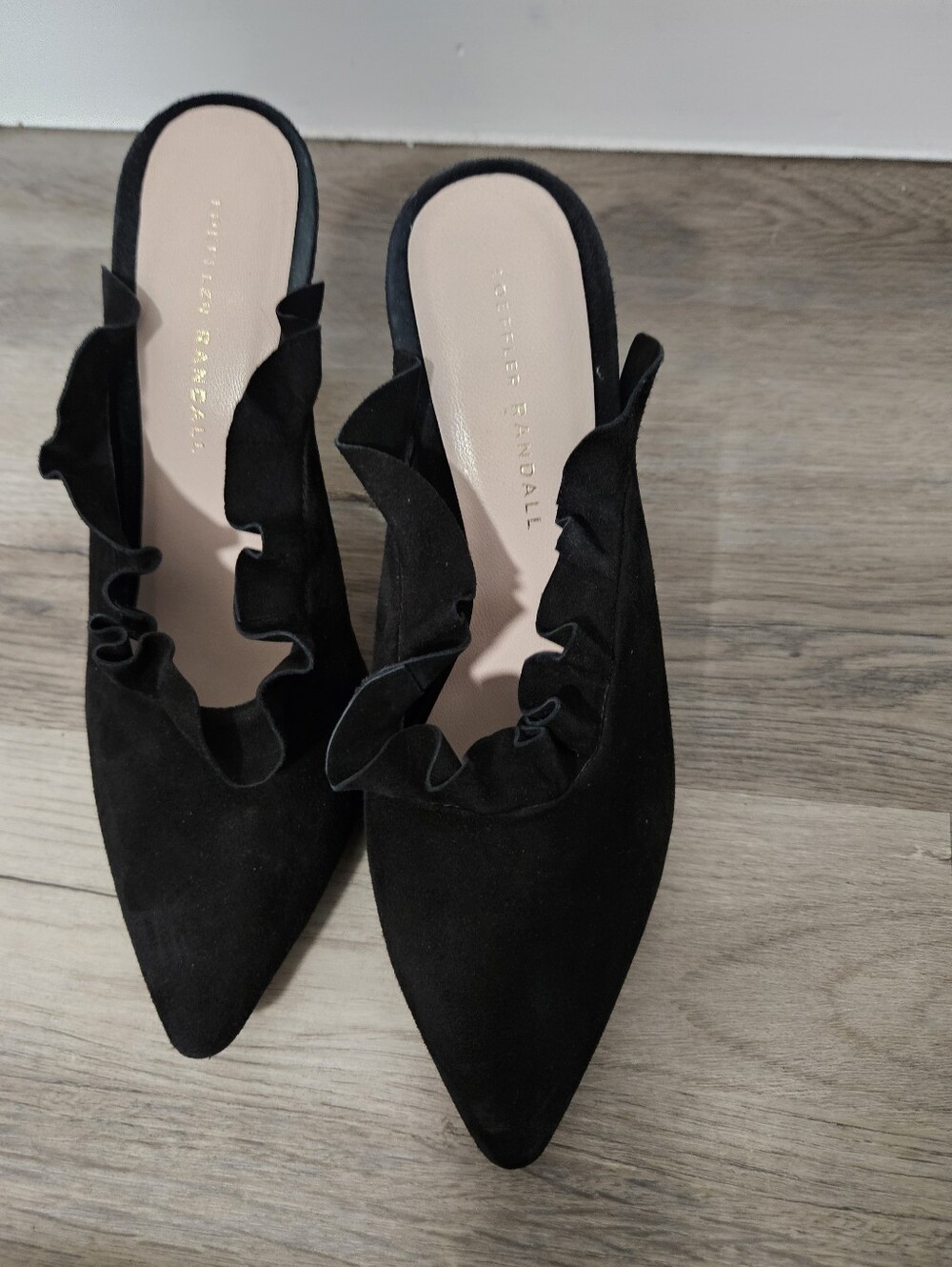 LOEFFLER RANDALL  LANGLEY RUFFLED BLACK SUEDE MULES